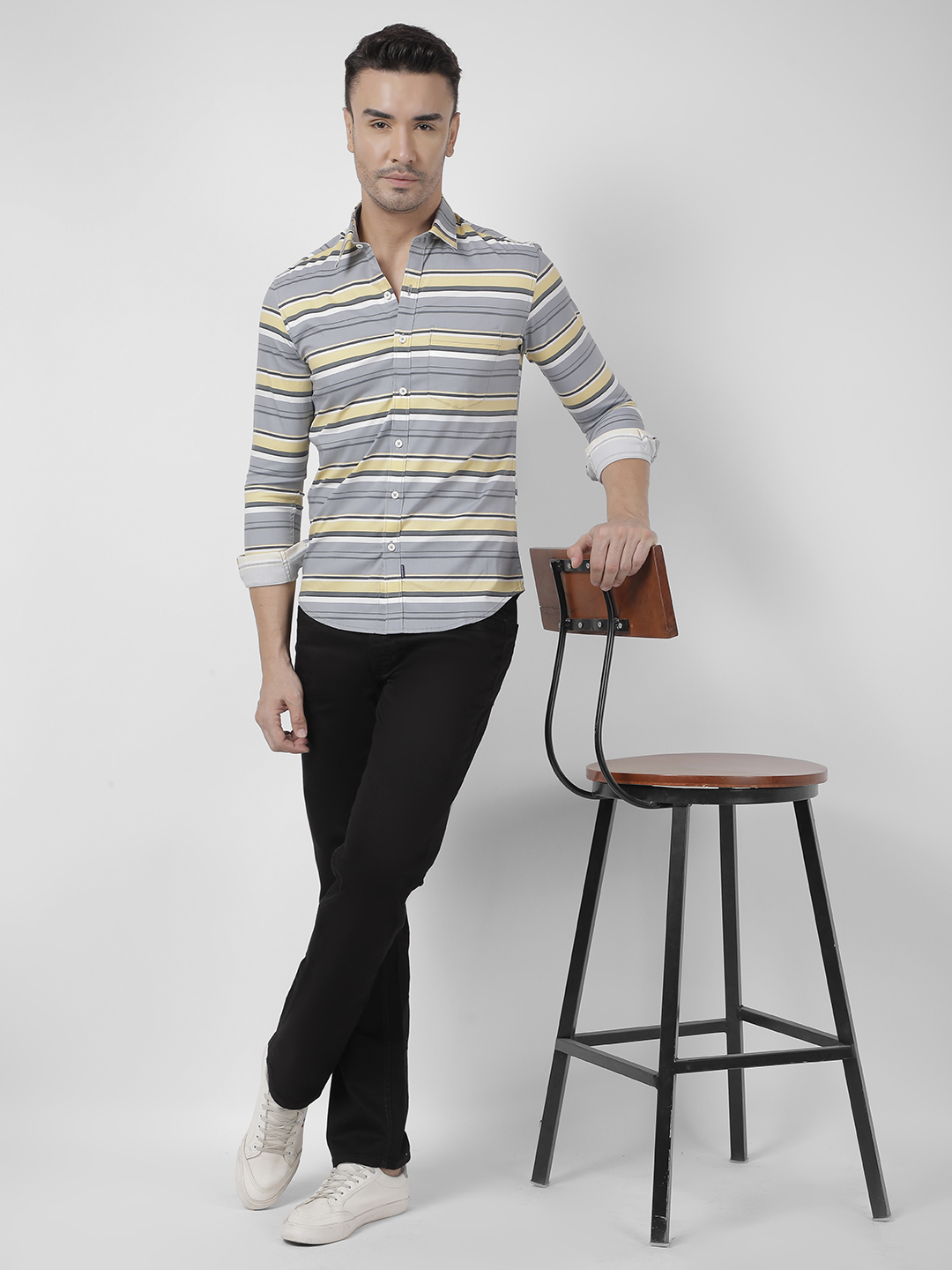 Numero Uno Men Grey Stripes Slim Fit Shirt